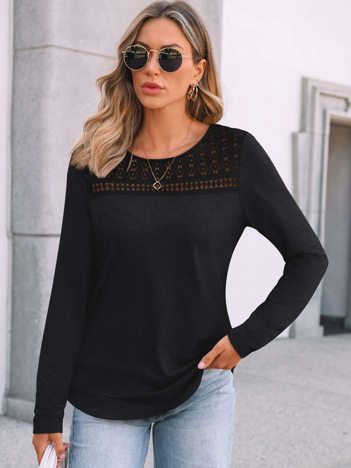 Elegant Top with Crochet Detail & Lace Accents - M, Black image