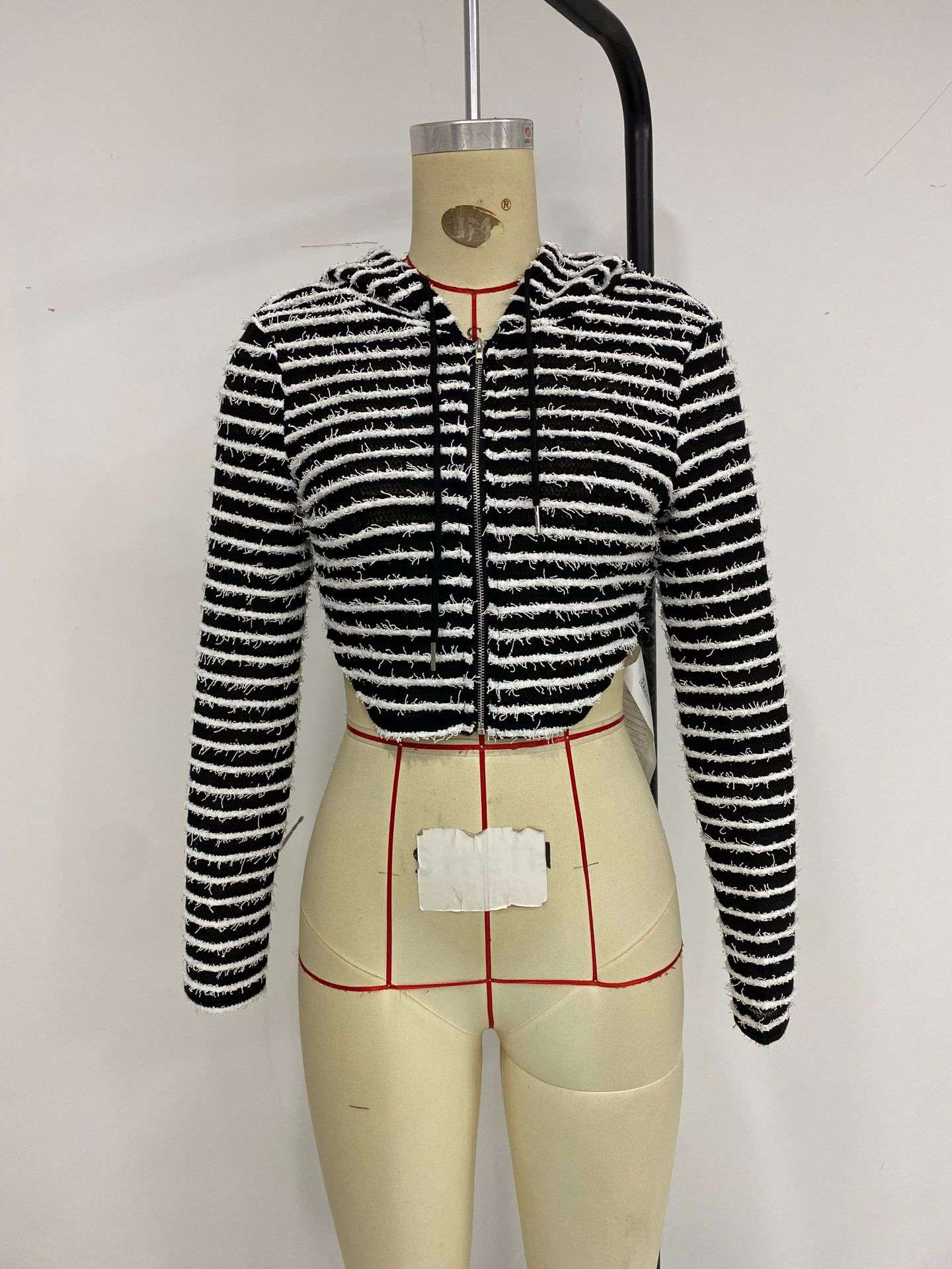 Striped Print Zip Up Drawstring Hooded Crop Jacket image 1