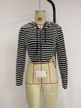 Striped Print Zip Up Drawstring Hooded Crop Jacket image 1