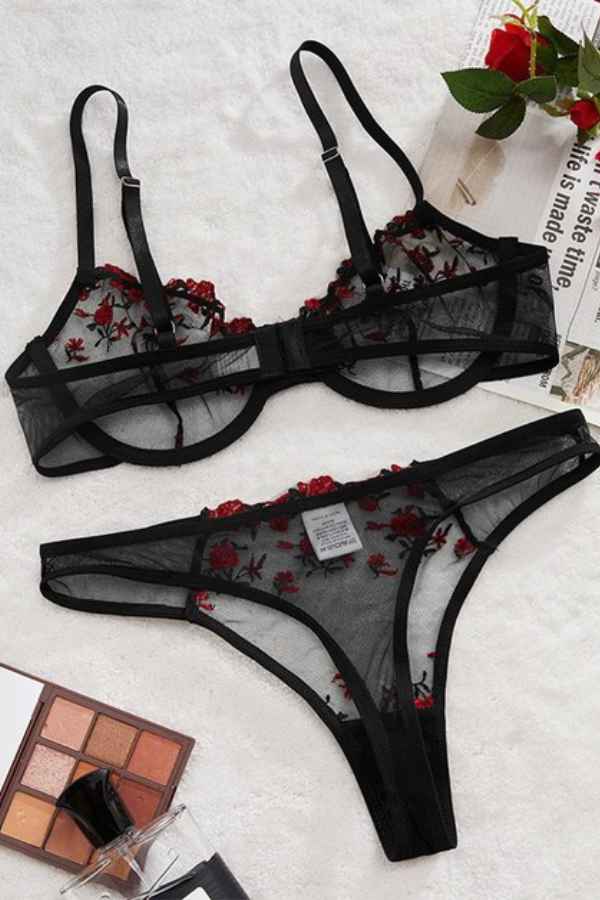 Sexy Lace Floral Embroidery Bra Underwear Two Piece Set image 1