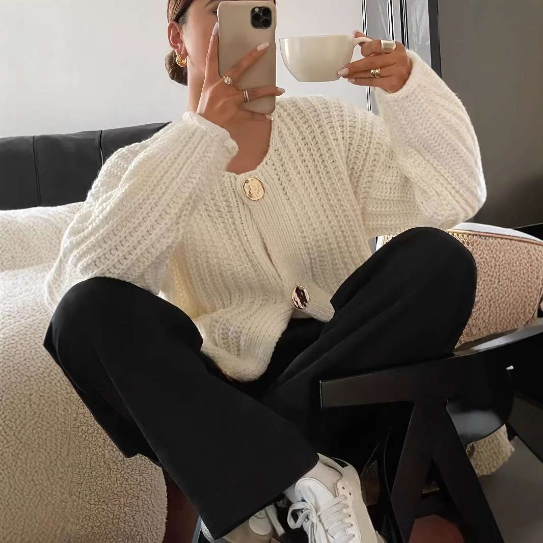 Chunky Knit Cardigan with Gold Buttons - M, Cream Beige image