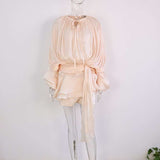 Elegant Sheer Dress with Tie Detail - L, Cream Beige image