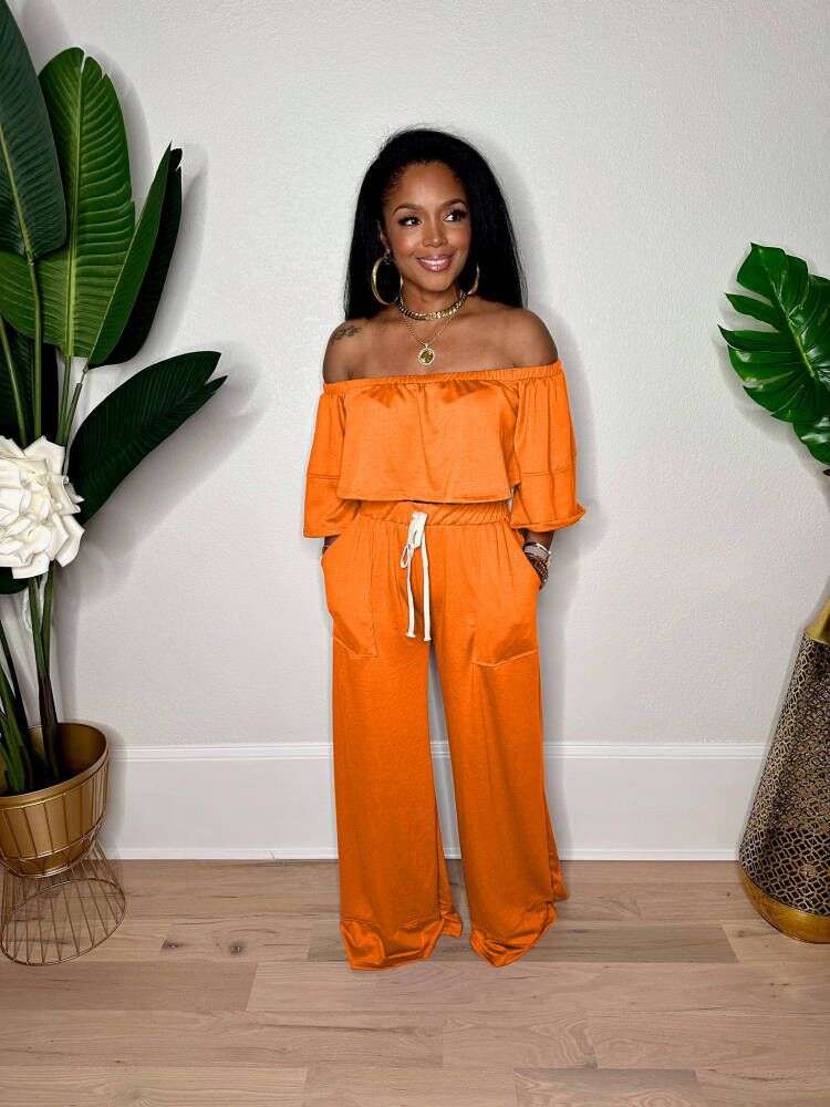 Off-Shoulder Pants & Crop Top Set - L, Orange image