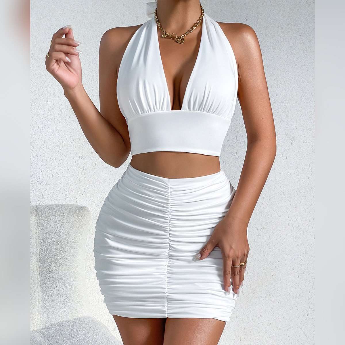 Halter Neck Crop Top & Mini Skirt Set - Free Size, White image