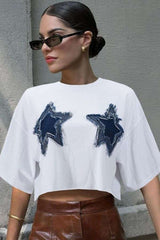 Star Frayed Patchwork Crop T-Shirt - L, Multi White image