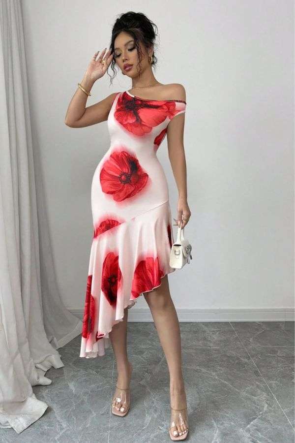 Asymmetric Off-Shoulder Floral Midi Dress - S, Multi Red image