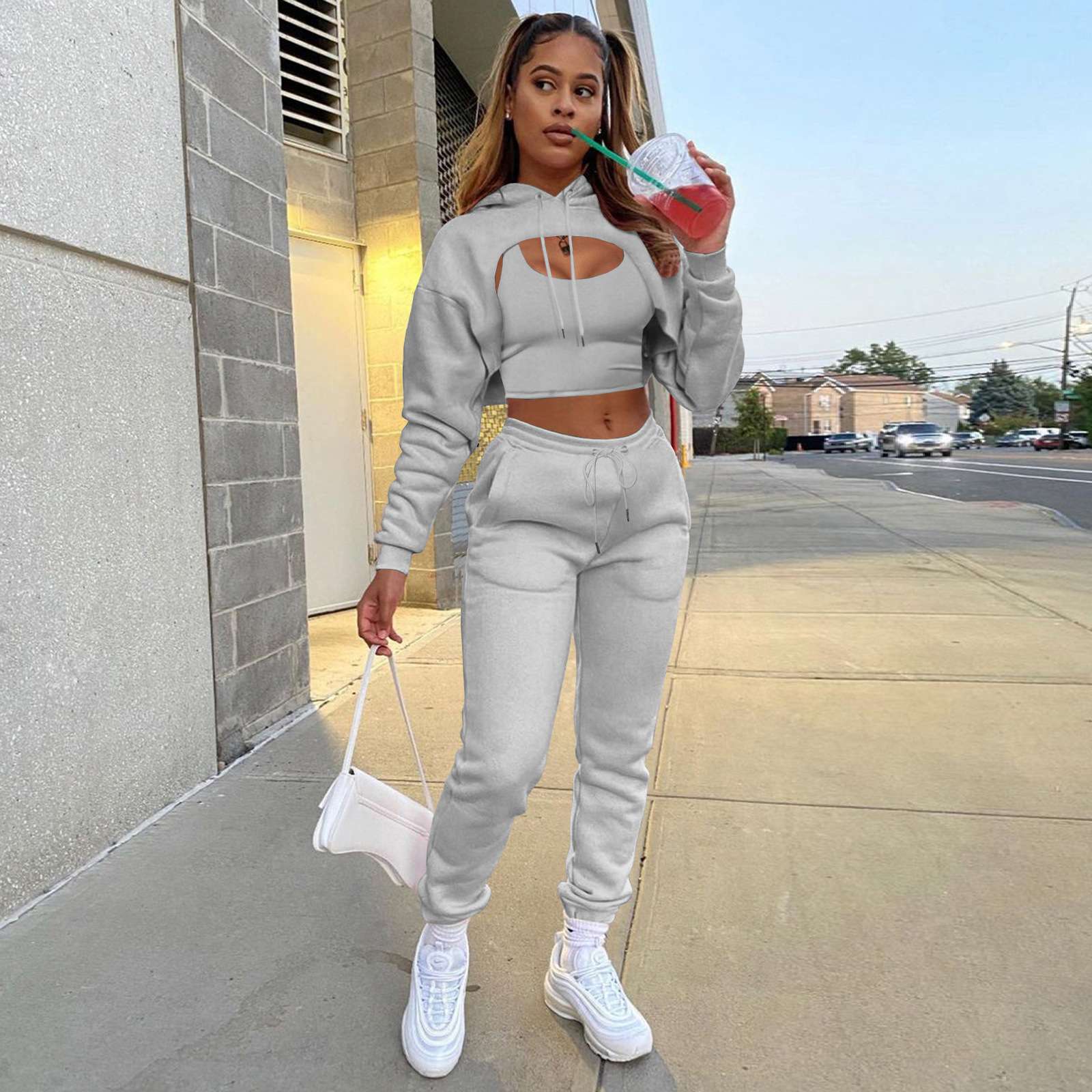 Crop Top Hoodie Tank Sweatpants 3 piece set image 2