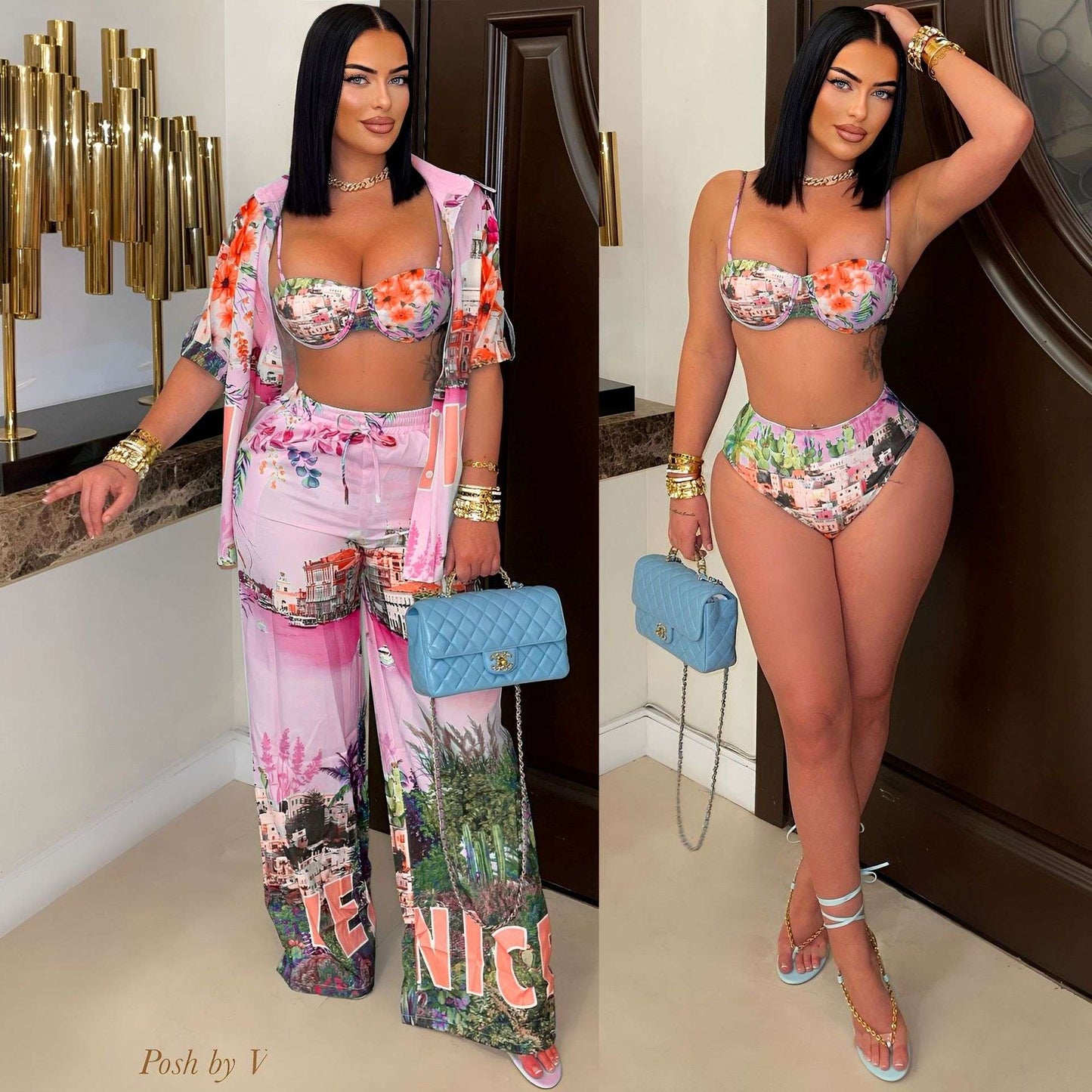 Vibrant Tropical Print 4 Pieces Set - S, Pink image