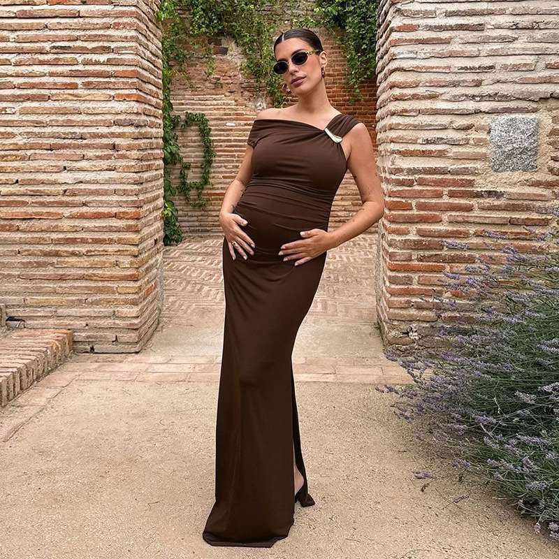 Off-Shoulder Maternity Maxi Dress - S, Brown image