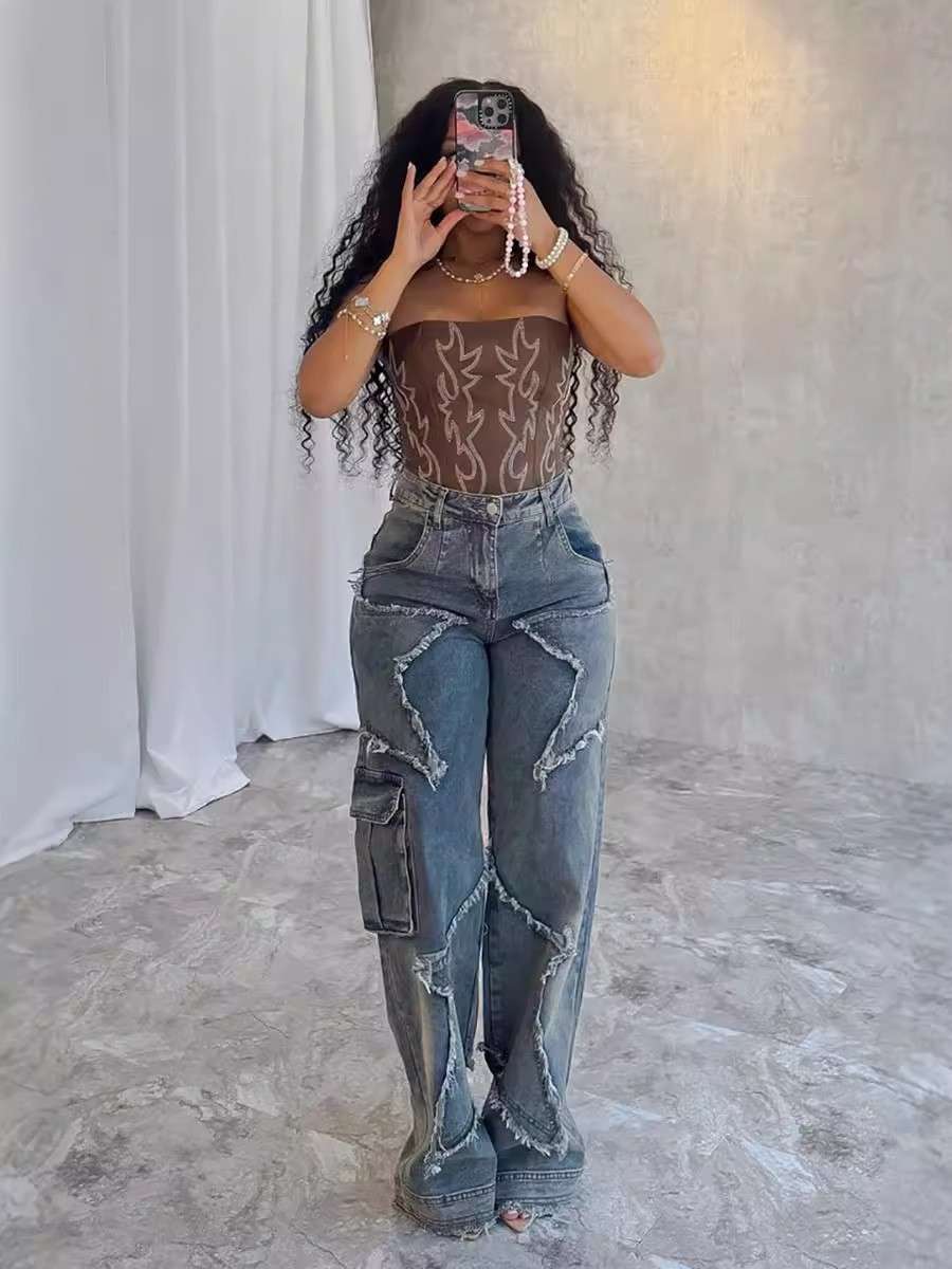 Star Embroidery Wide Leg Baggy Cargo Pants image 2