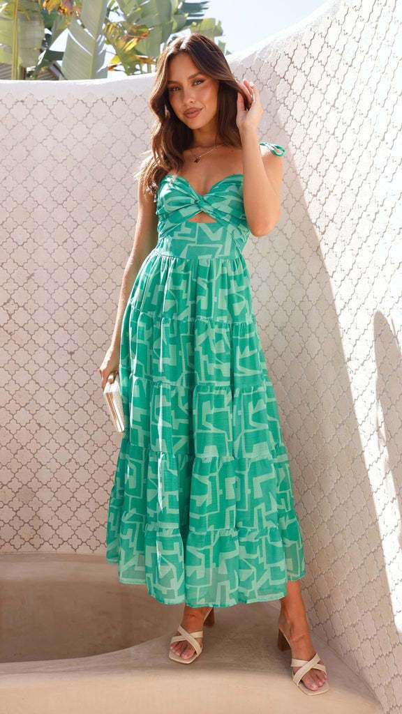 Tropical Maze Cutout Midi Dress - L, Multi Green image