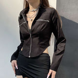 Irregular Stand Collar Zipper Cropped Jacket - M, Black image