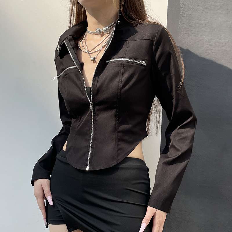 Irregular Stand Collar Zipper Cropped Jacket - M, Black image