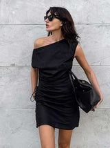 Black One-Shoulder Ruched Mini Dress image 2
