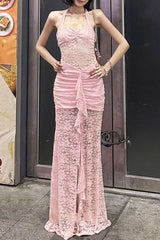 Elegant Lace Halter Dress - L, Pink image