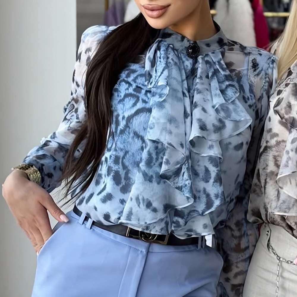 Leopard Print Ruffled Blouses with Puffed Sleeves image 5