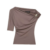 Asymmetrical One-Shoulder Ruched Top - Free Size, Copper Tan Brown image