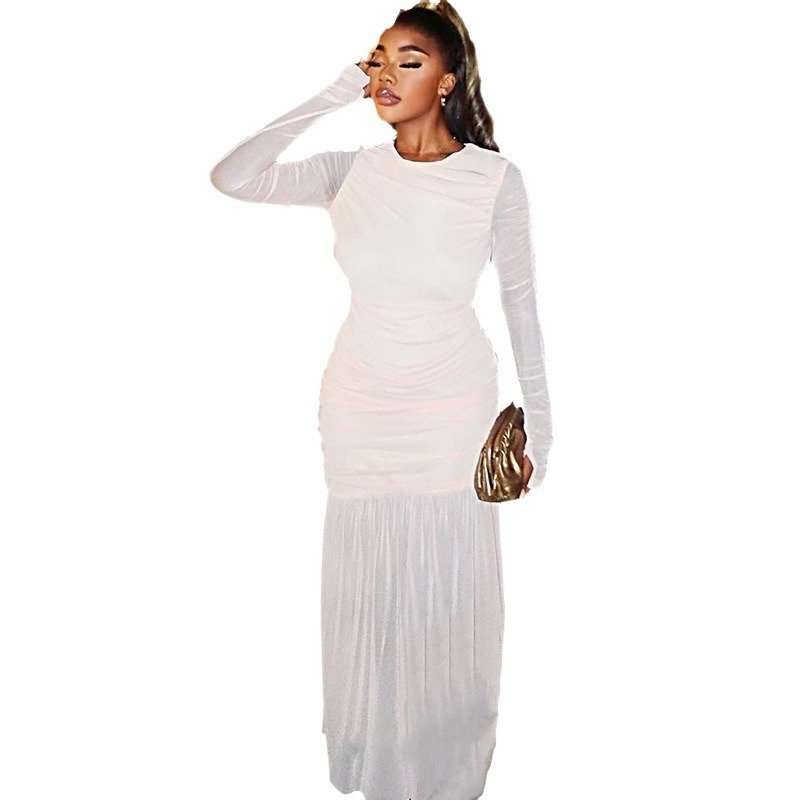 White Mesh Long Sleeve Maxi Dress - M, White image