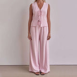 Tie-Front Top and Wide-Leg Pants Set image 0
