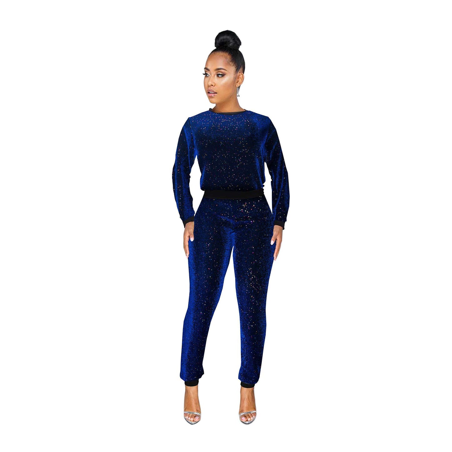 Glitter Sequin Stripe Top and Pants Set - S, Dark Blue image