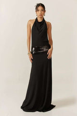 Halter Maxi Dress with Sequin Belt - S, Black image