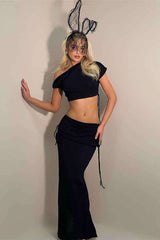 Sexy Low Rise  Drawstring Maxi Skirt Crop Top 2pcs Set image 2