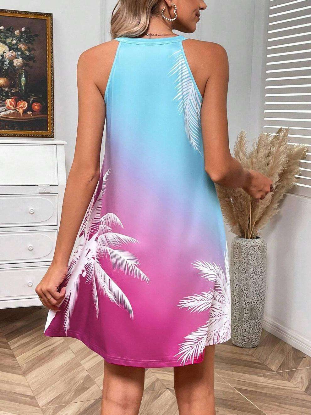 Colorful Gradient Palm Print Sleeveless Dress image 1