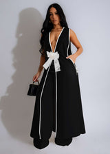 Contrast Trim Longline Coat and Wide Leg Pants Set - S, Black image