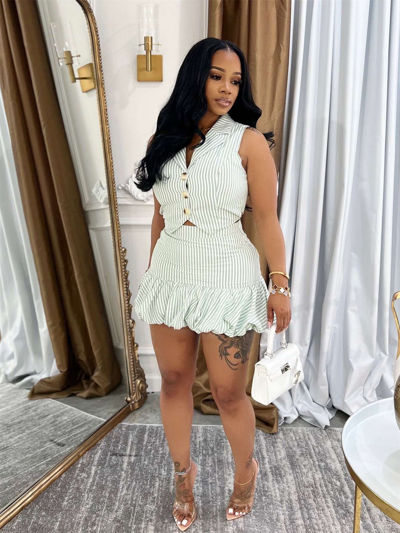 Striped Button-Up Ruffle Skirt Set image 2