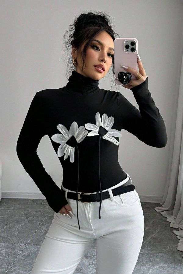 Black floral high neck ribbed top image 1