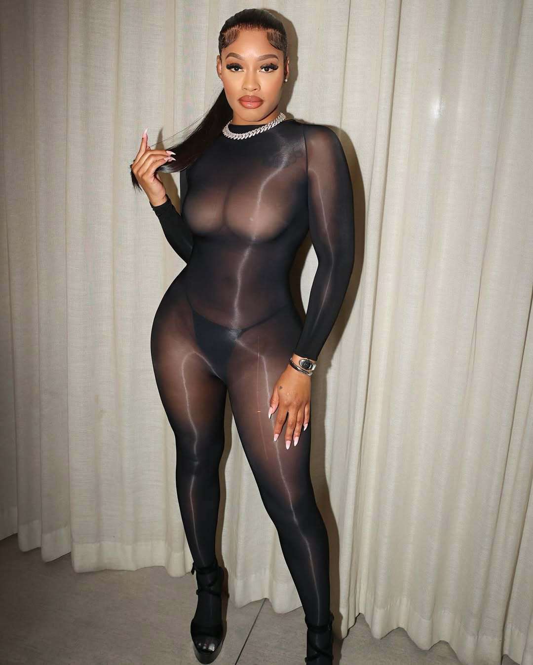Sheer Cut-Out Jumpsuit with Long Sleeves - Free Size, Black image