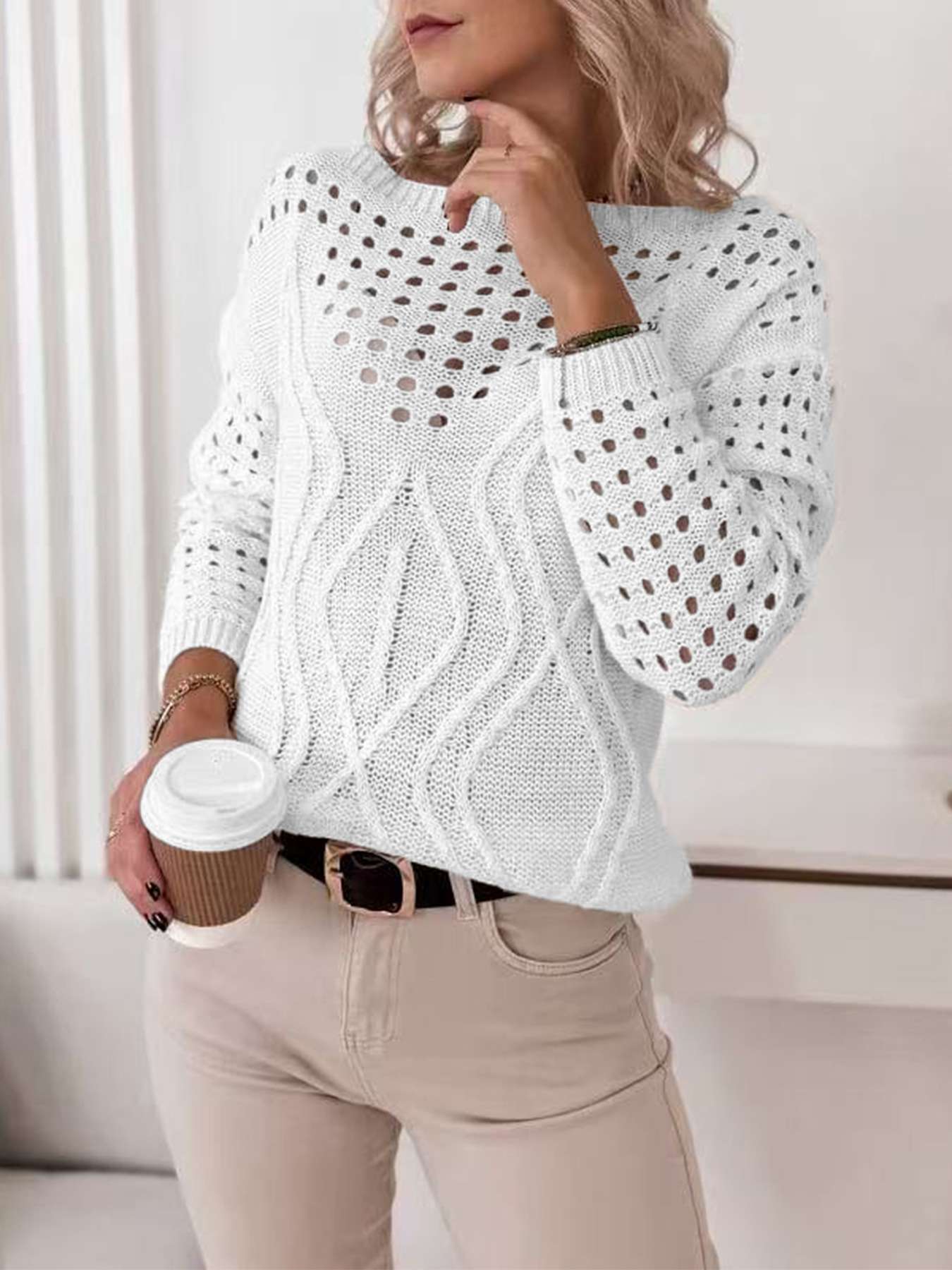 Open-Knit Sweater with Crew Neck - L, White image
