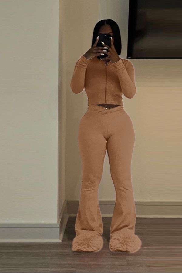 Solid Zipper Slim Two Piece Tracksuits Set image 0