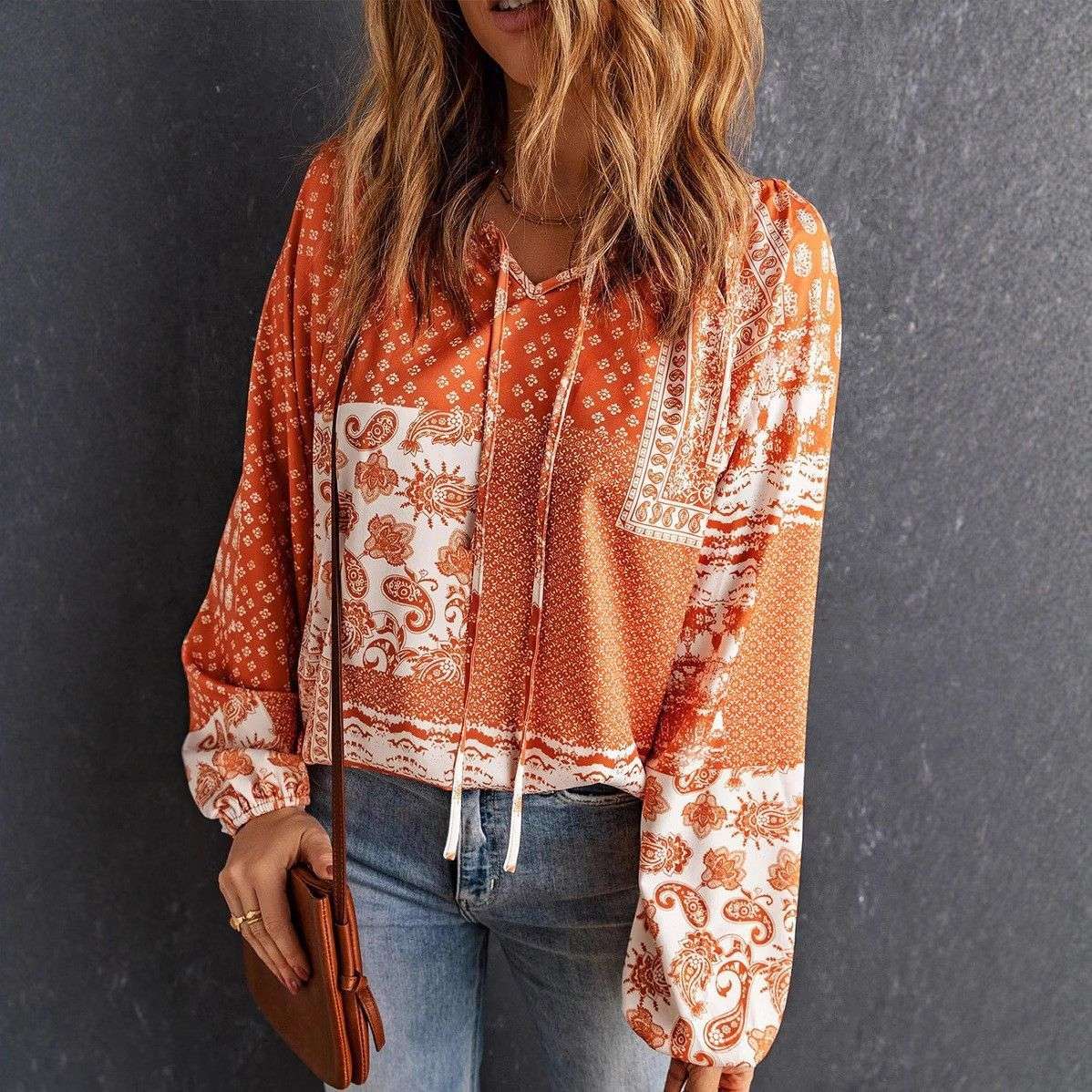 Bohemian Style Patchwork Print Top - M, Orange image