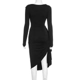 Black Long-Sleeve Draped Midi Dress image 6