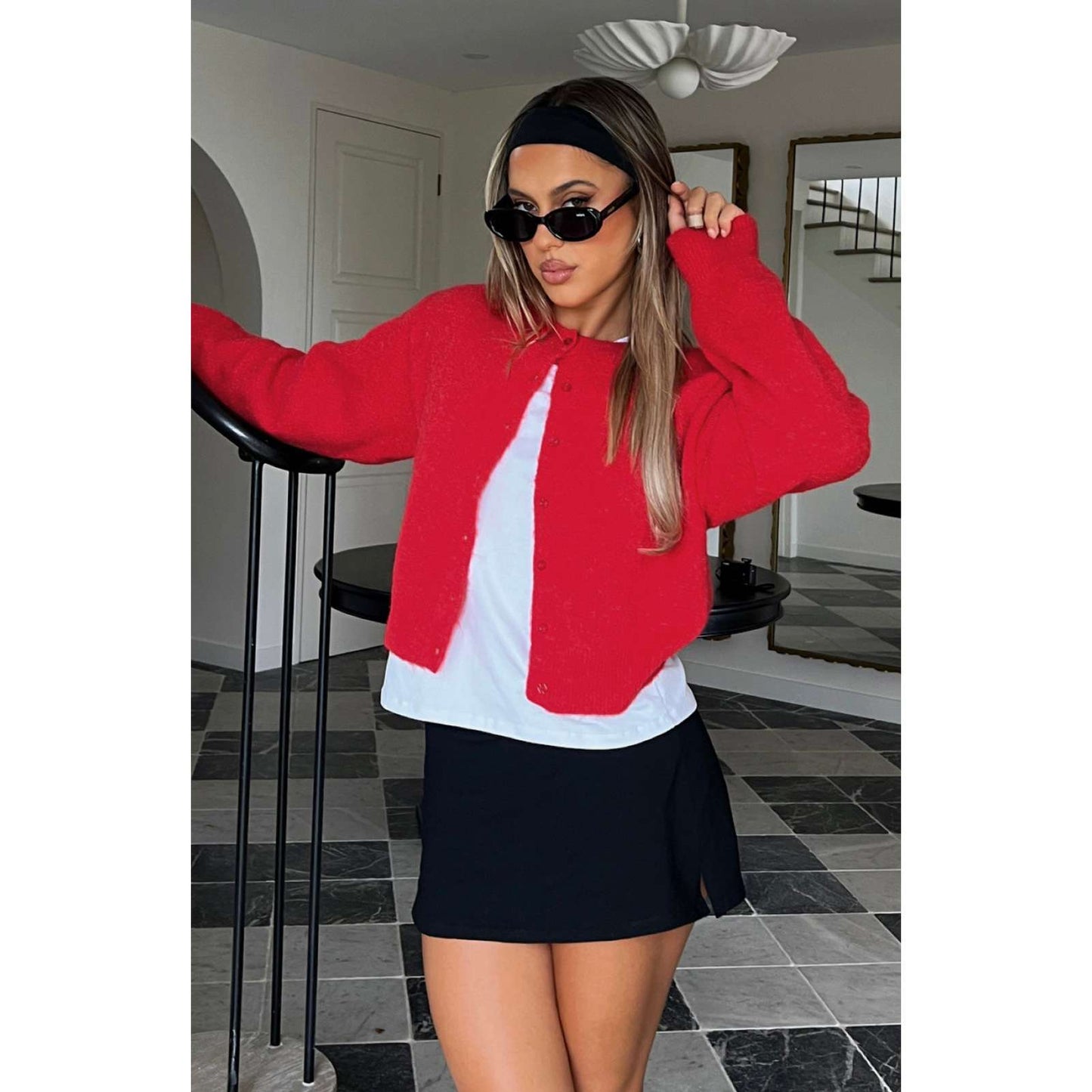 Button Down Cropped Cardigan Sweater - S, Red image