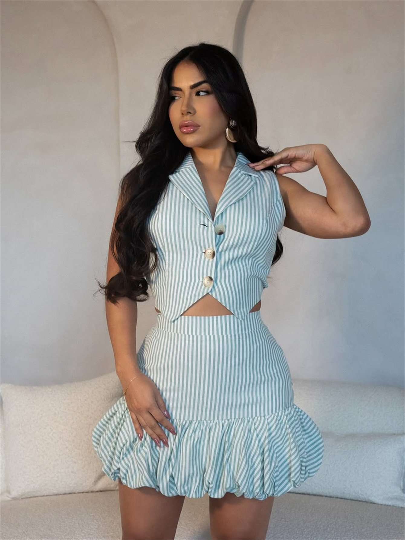 Striped Button-Up Ruffle Skirt Set - M, Light Blue image