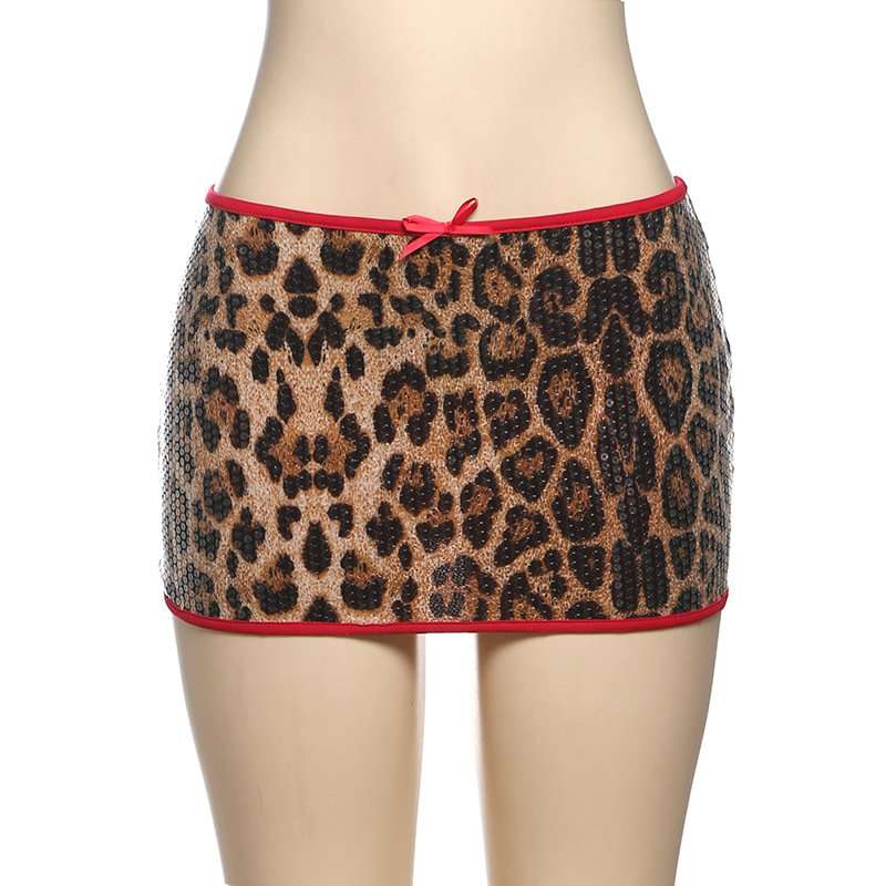 Sequin Leopard Print Mini Skirt - L, Brown image