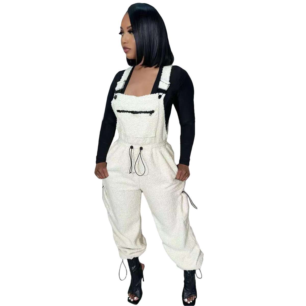 Loose Fit Jumpsuits with Pockets Bib Pants - L, White image