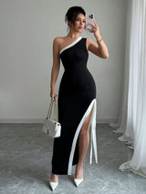 One-Shoulder Slit Evening Gown - S, Black image