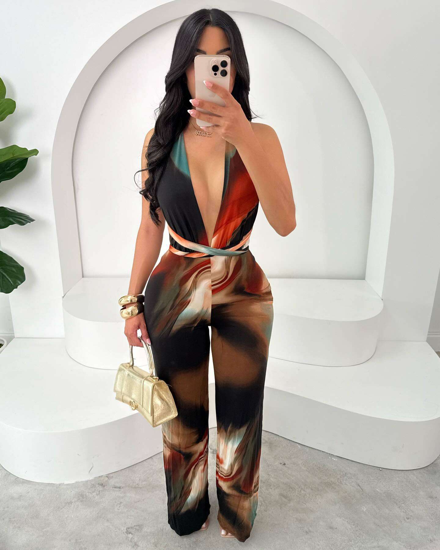 Artistic Abstract Print Halter Neck Jumpsuit - S, Brown image