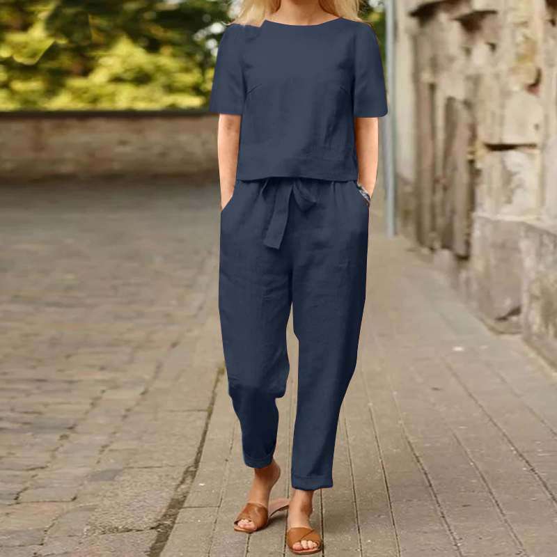 Short Sleeve Top & Drawstring Pants Set - M, Dark Blue image
