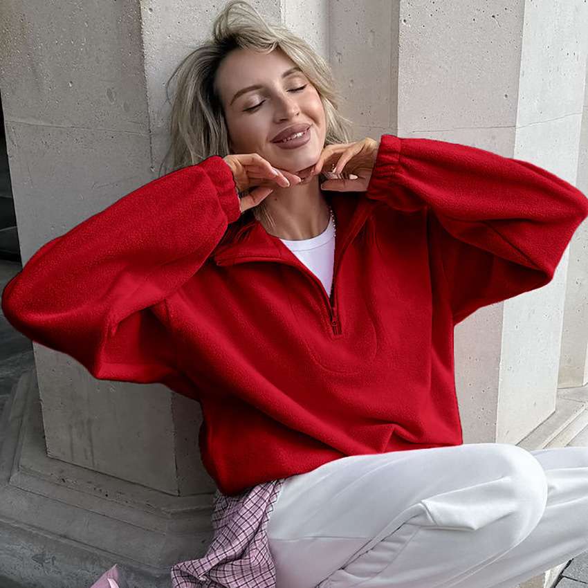 Casual Quarter-Zip Fleece Pullover - L, Red image