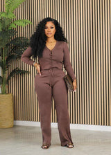 Long Sleeve Top and Pant Two Piece Set - L, Coffee Brown image