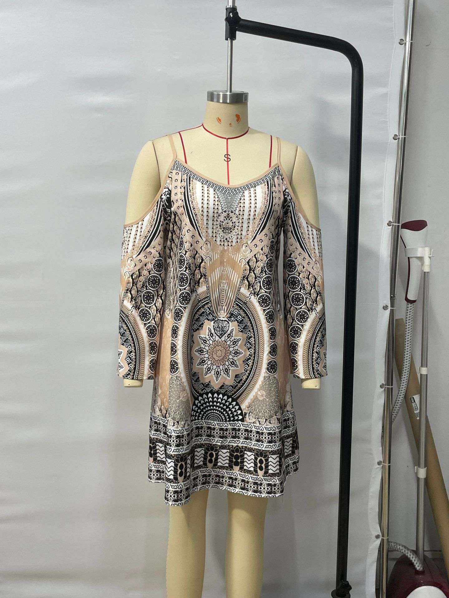 Bohemian Patterned Cold-Shoulder Dress image 1