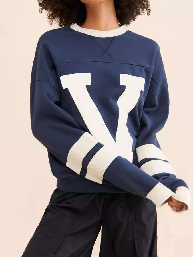 Colorblock Striped Trim Print Loose Sweater - L, Marine Blue image