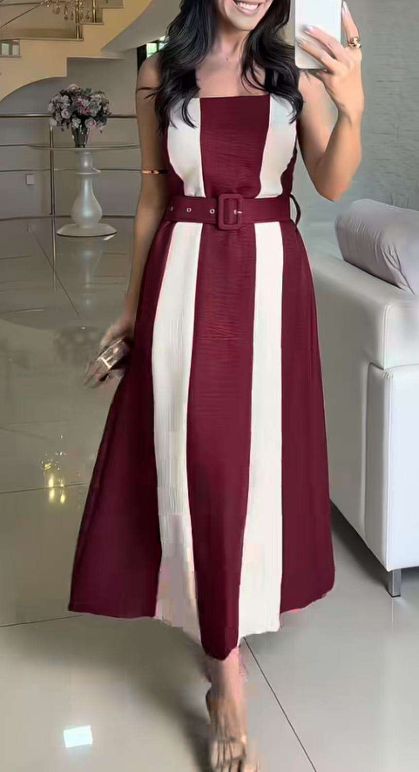 Colorblock Belted Midi Dress - L, Multi Red image