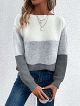 Modern & stylish sweater with splicing and a boat neckline - S, Light Grey image