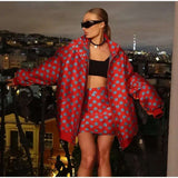 Casual Heart-Shaped Print Zipper Jacket Skirt Set - L, Multi Red image