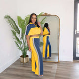 Colorblock Zip-Up Cropped Top & Pants Set - M, Yellow image